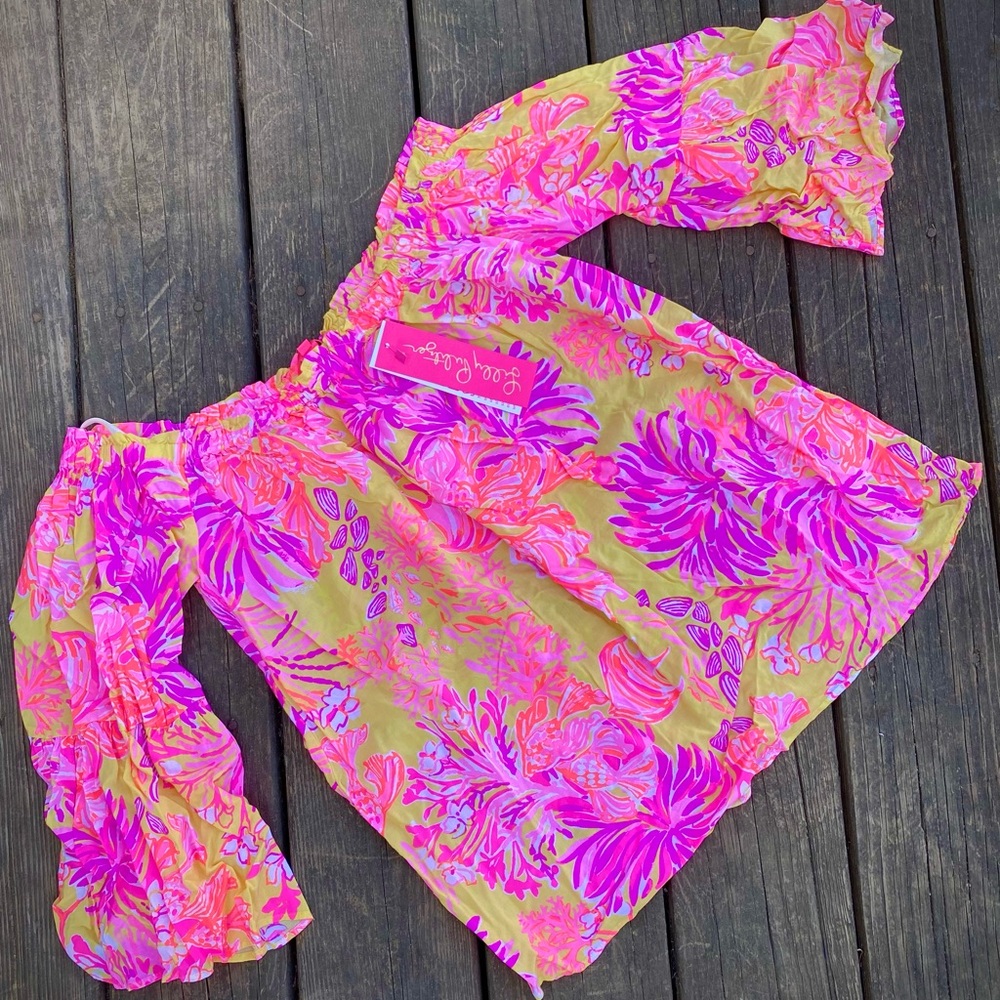 NWT Lilly Pulitzer Nevie Off-the-Shoulder Top in Calla Yellow Floral Coral S